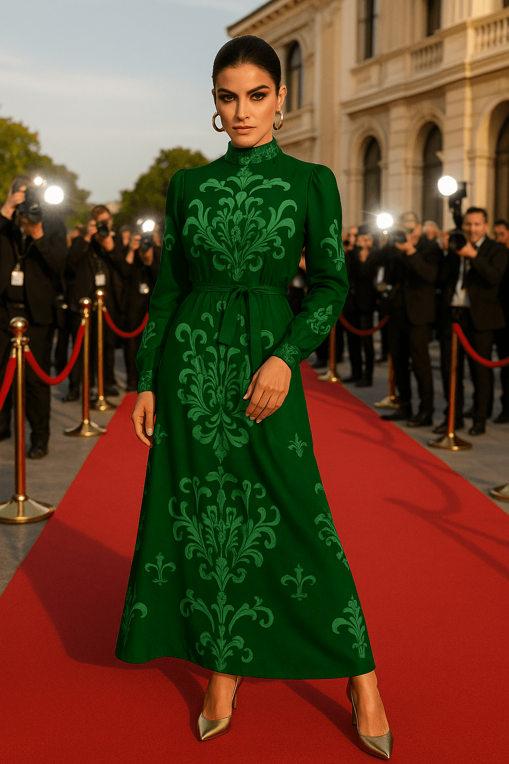 Green Victorian High Neck Maxi Dress by Angelic Blessings worn by model on red carpet