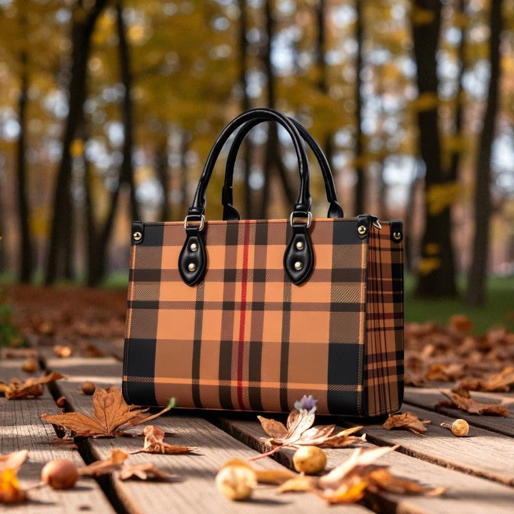 Heritage inspired designer handbags in brown plaid with black handles from Angelic Blessings Shop outdoors