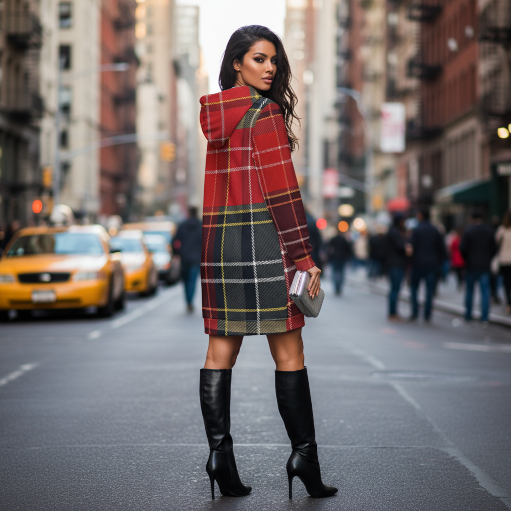 Woman wearing a Scottish tartan hoodie dress with black high-heeled boots on a city street