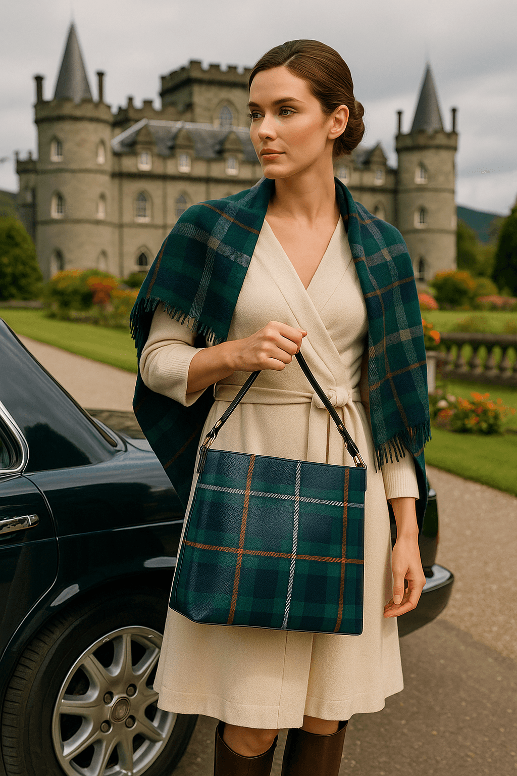 Woman holding Kintail tartan bucket handbag from Angelic Blessings Shop in front of castle
