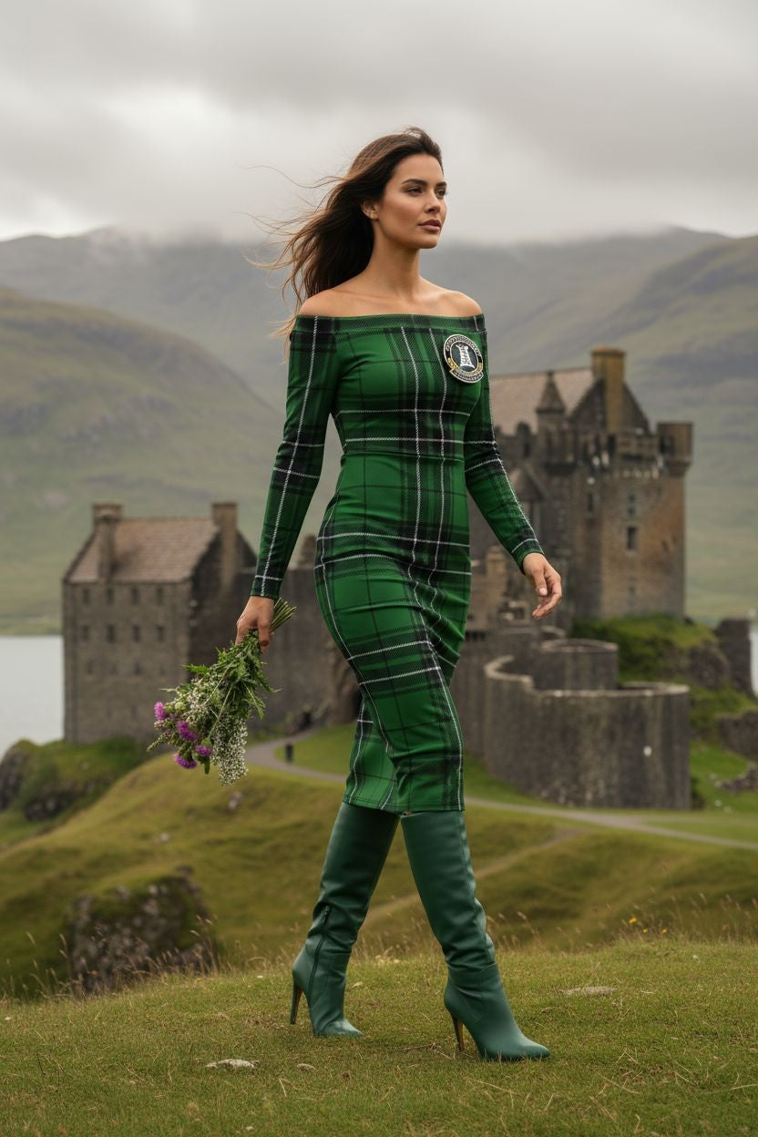Side view of green MacLean Clan Tartan off-shoulder wrap dress, showcasing slim fit and elegant silhouette.