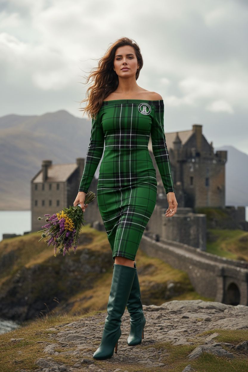 Woman wearing MacLean Clan Tartan off-the-shoulder midi dress standing by a Scottish castle, elegant Highland heritage fashion.