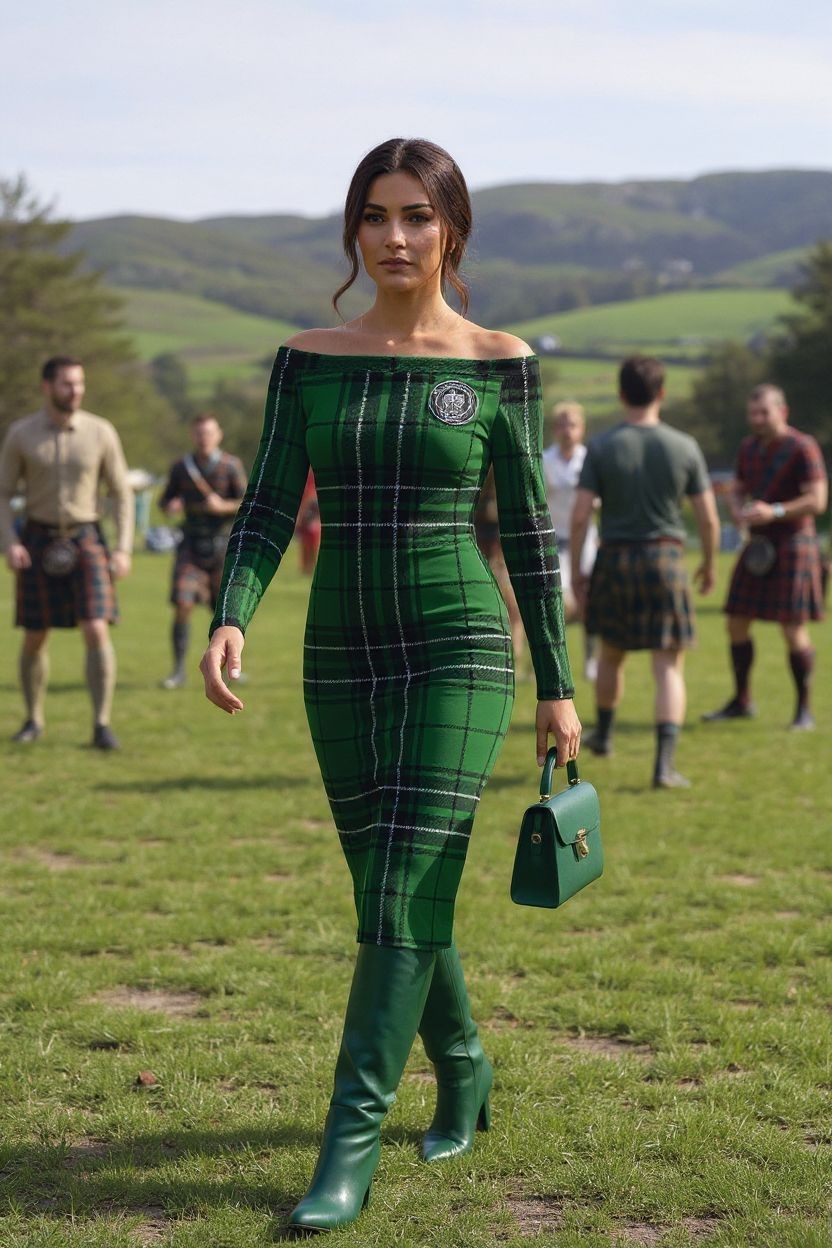 Close-up of MacLean Clan Tartan dress fabric, showing green plaid texture and classic Highland pattern.