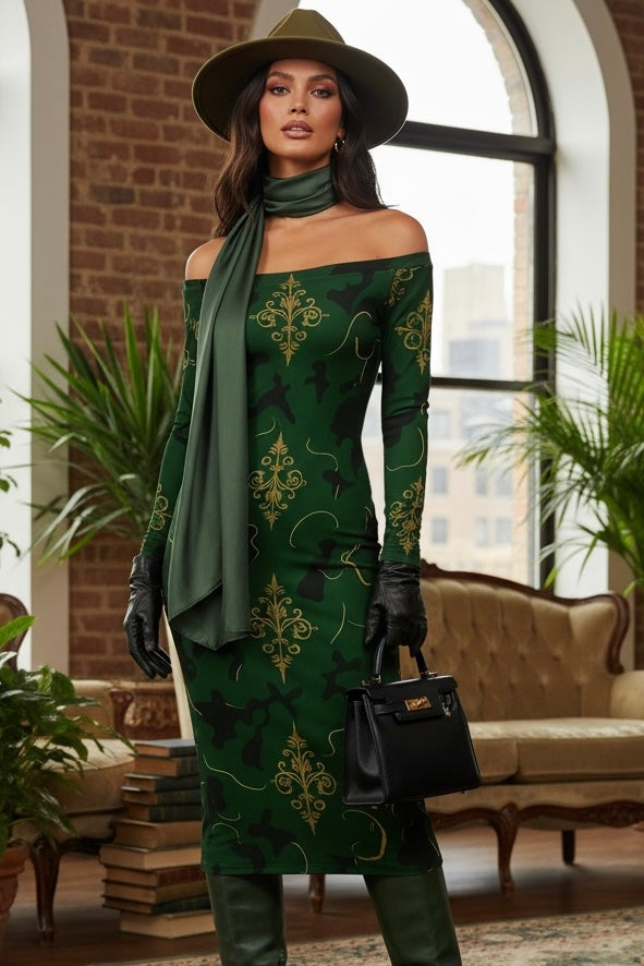 Military baroque inspired women’s wrap dress with gold motifs