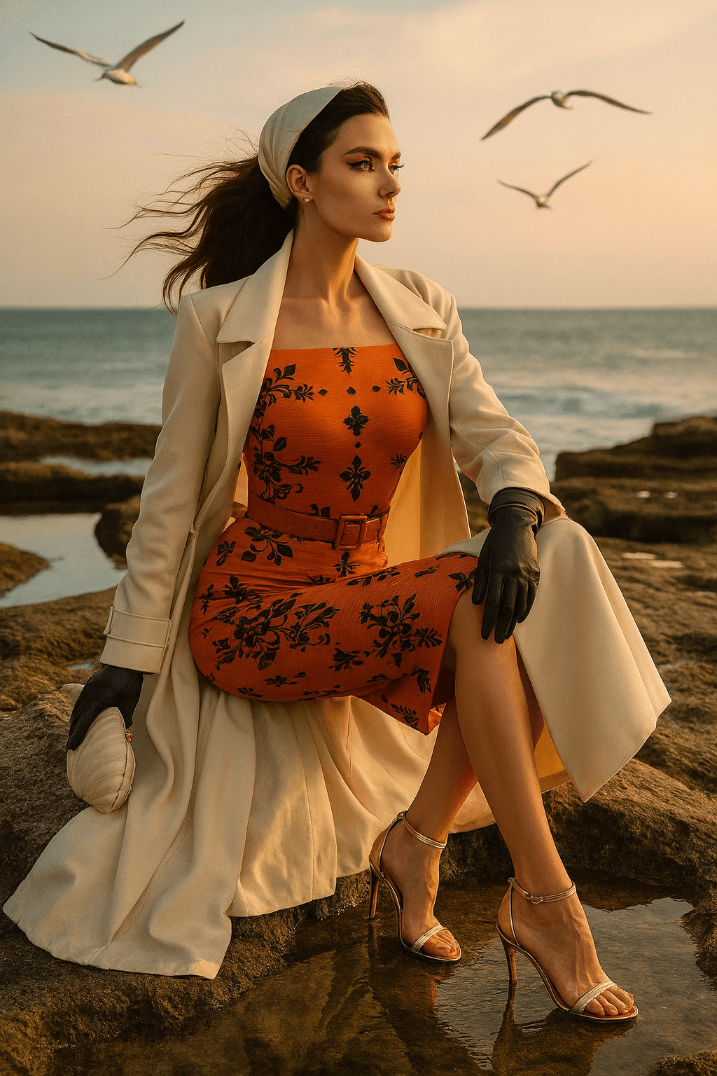 Woman wearing an off shoulder Victorian midi dress by Angelic Blessings Shop sitting on rocks by the ocean at sunset