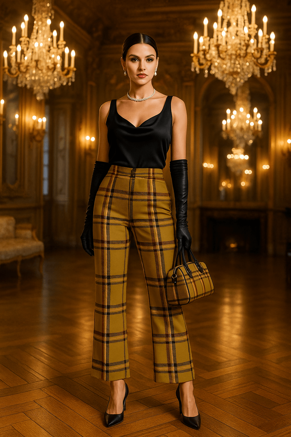 Woman wearing olive tartan high waist flare pants with black top and gloves in elegant chandelier room
