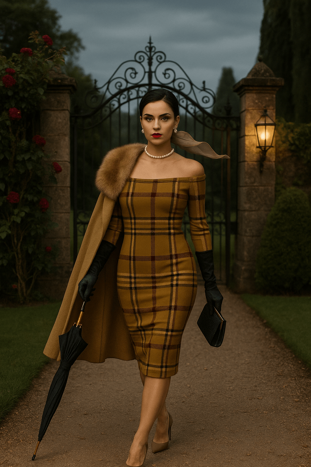 Olive tartan off-shoulder dress worn with a fur stole and black gloves in an elegant outdoor setting