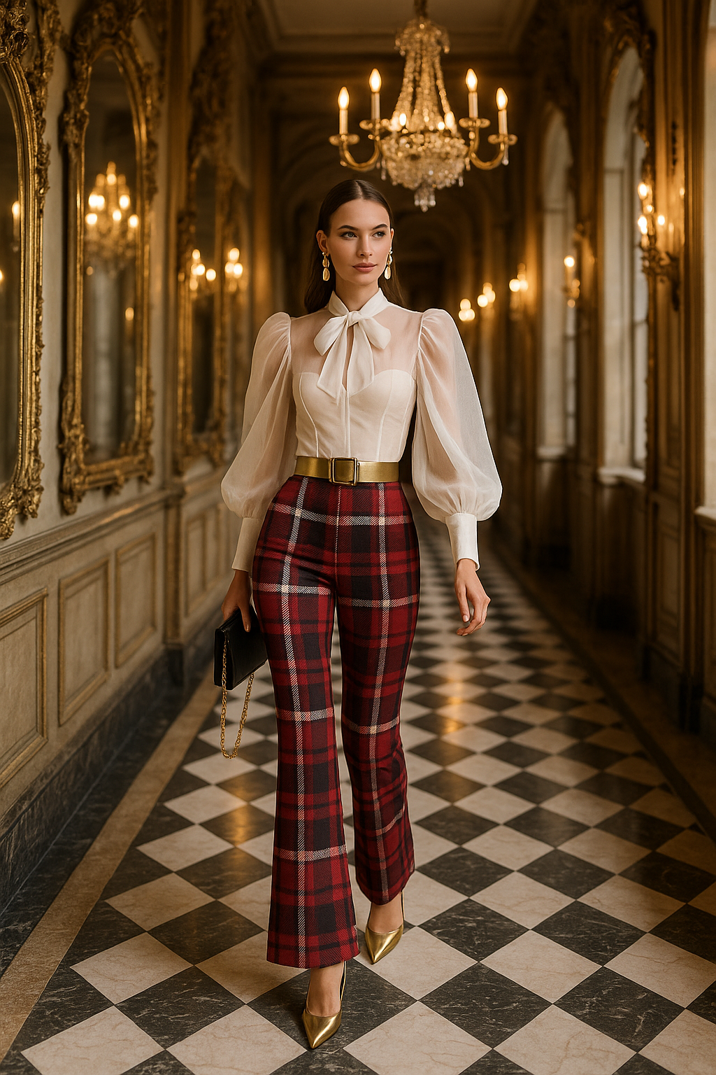 Quiet luxury plaid flare pants inspired by Scottish fashion