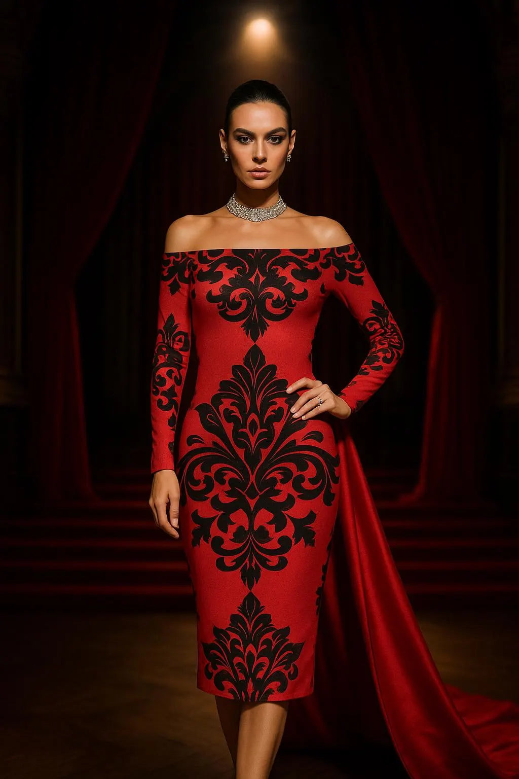 Red gothic bodycon midi dress with black ornate patterns and off-shoulder neckline by POD
