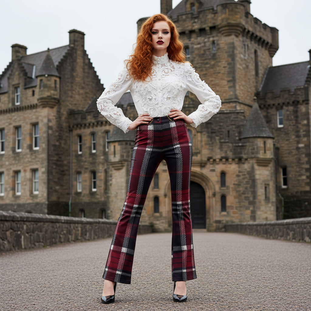 Red tartan elegant high waist trousers for women