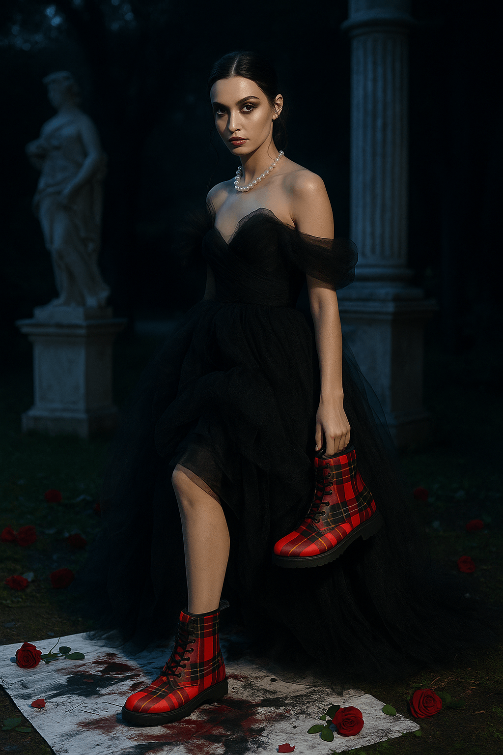 Woman wearing red tartan vegan leather boots from Angelic Blessings Shop with black off-shoulder gown