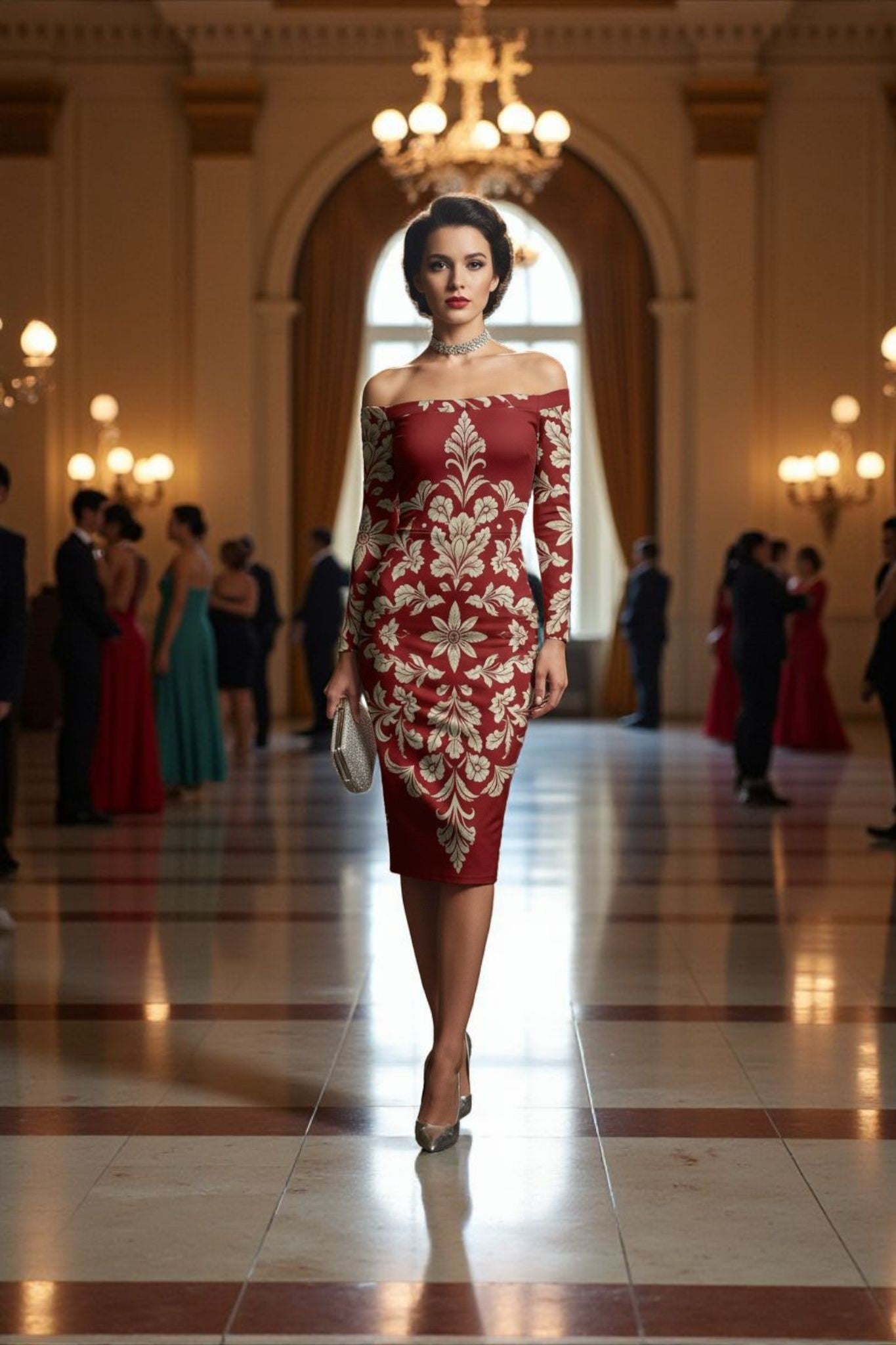Regal Victorian style dress in burgundy and white pattern
