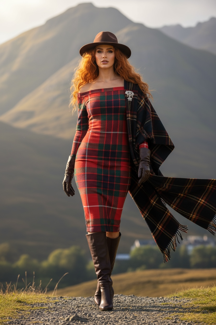Scottish red and green tartan midi dress for women