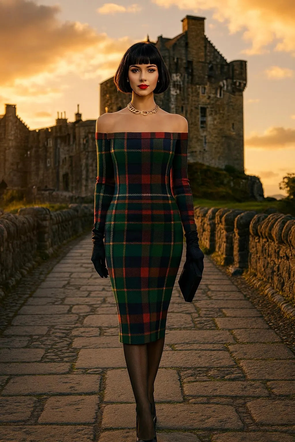 Luxury Scottish tartan off-shoulder dress from POD worn by woman in historic castle setting