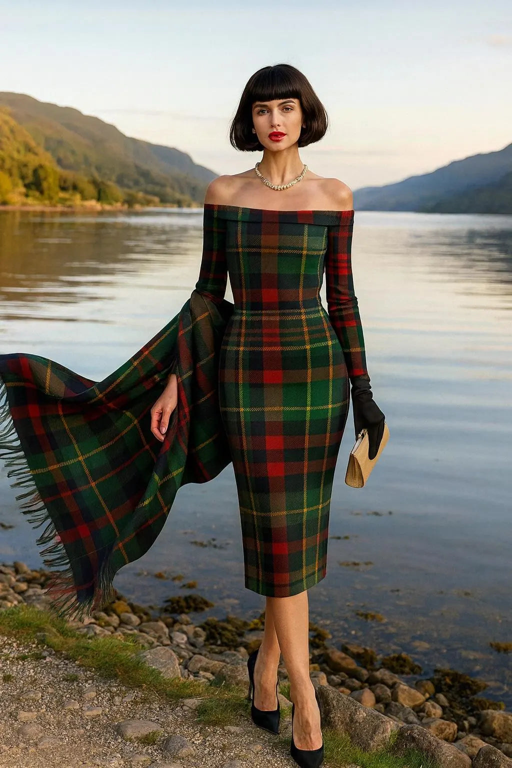 Luxury Scottish tartan off-shoulder dress with long sleeves and fitted silhouette by POD