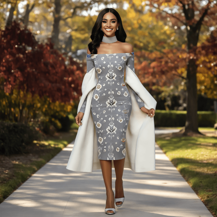 Close-up of silver Baroque floral print on bodycon wrap dress – vintage meets modern fashion