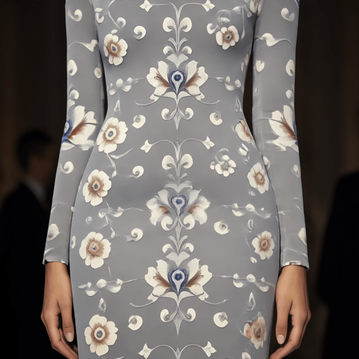 Angelic Blessings Shop silver baroque off shoulder midi dress with floral pattern and long sleeves