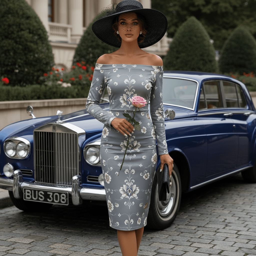 Off shoulder Victorian floral midi dress with ruching detail – luxury fashion for weddings or cocktail occasions