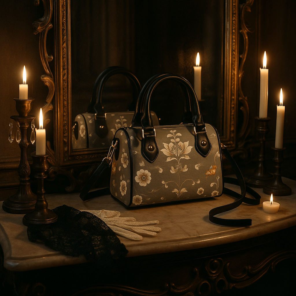 Silver floral baroque Crossbody satchel barrel handbag on vintage table with candles and lace gloves
