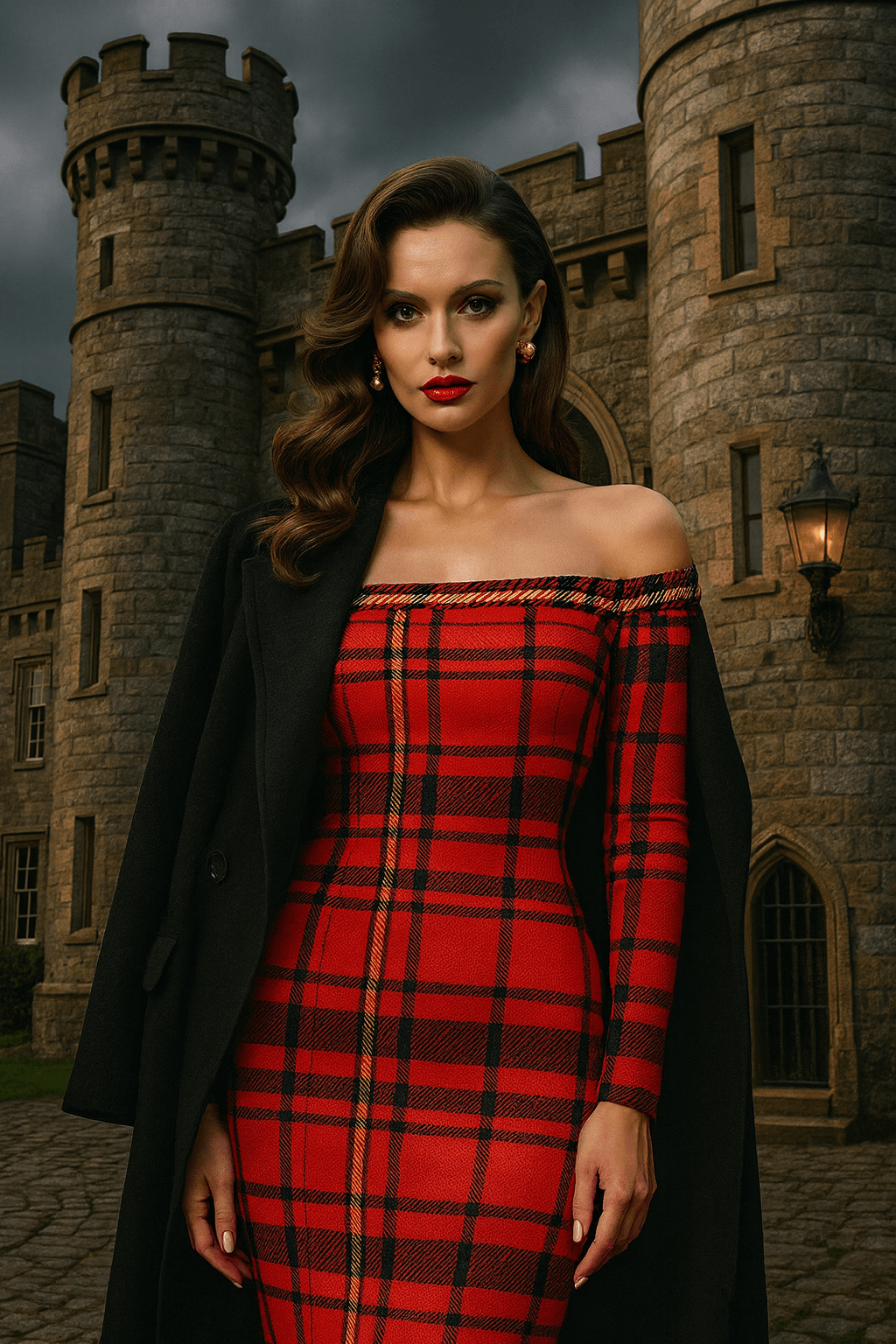 Model wearing Tioram Red Tartan dress off shoulder bodycon dress from Angelic Blessings Shop in a Highlands Fashion setting