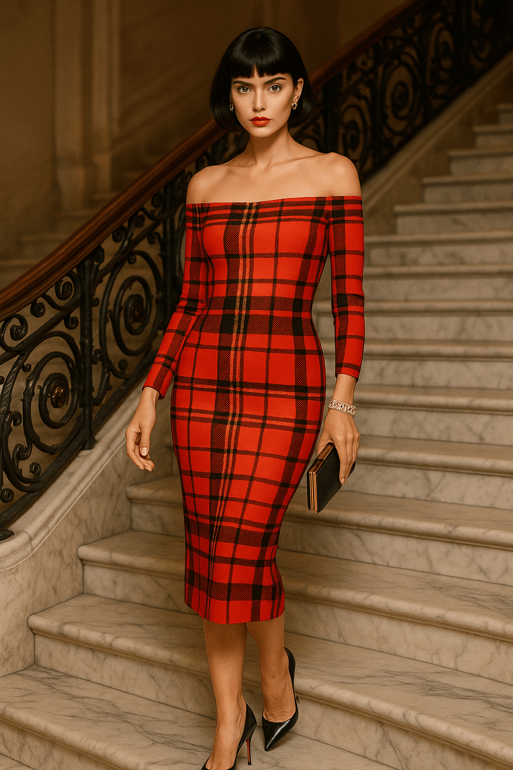 Tioram Red Tartan dress off shoulder bodycon dress from Angelic Blessings Shop in Highlands Fashion