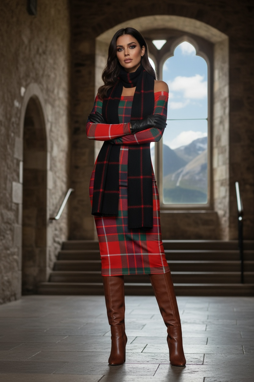 Traditional tartan wrap dress inspired by Scottish heritage