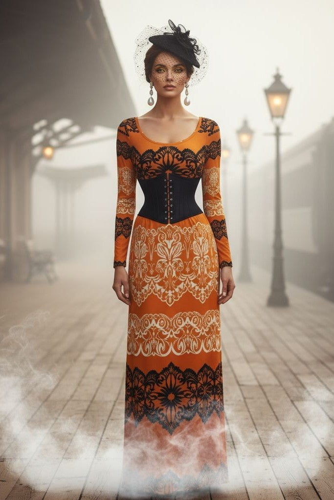 Romantic gold velvet gown with lace print, ideal for evening events.