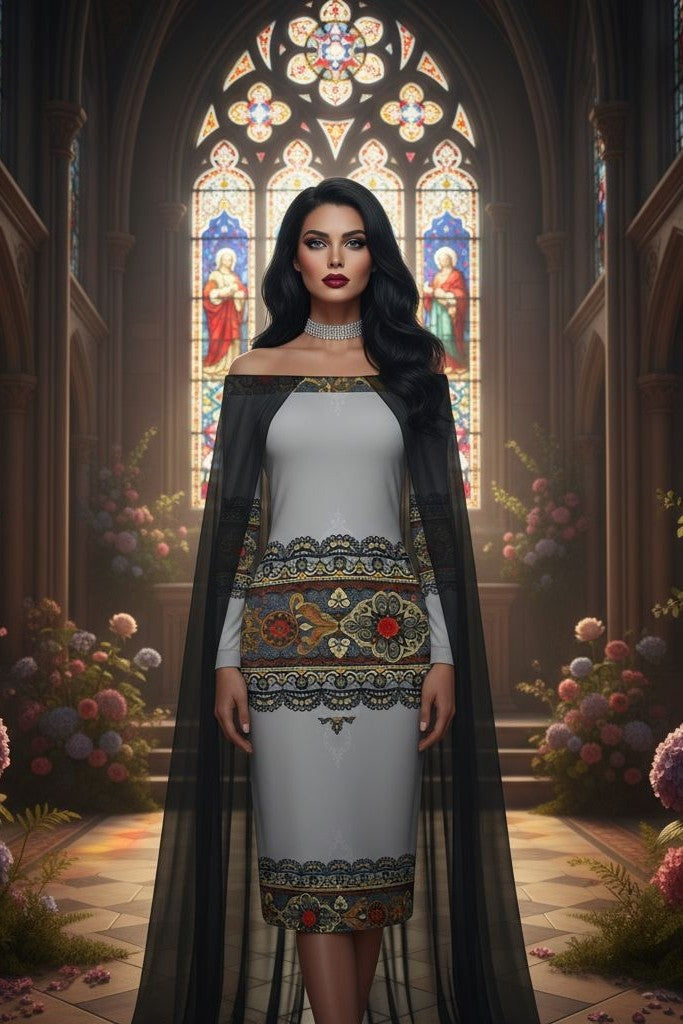 European elegance-inspired midi dress featuring ornate prints and refined off-shoulder design.