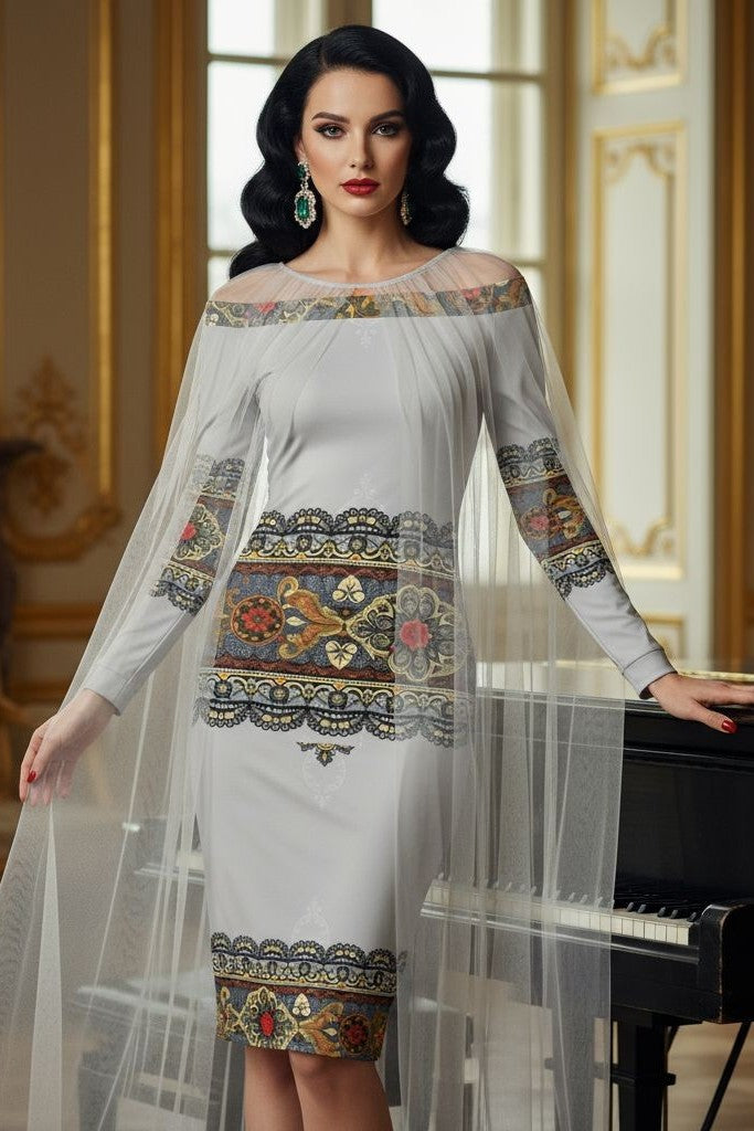 Women’s long sleeve baroque wrap dress in gray and gold tones with elegant off-shoulder neckline.