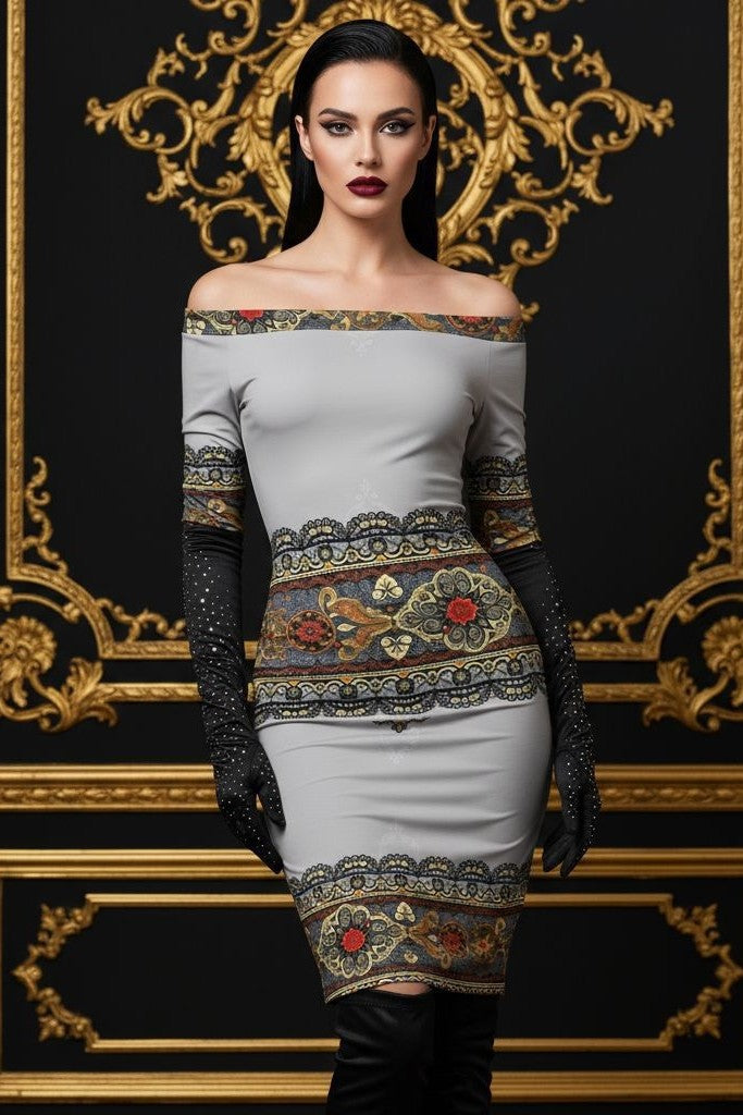 Made-to-order luxury off-shoulder dress in baroque pattern with high-quality craftsmanship.