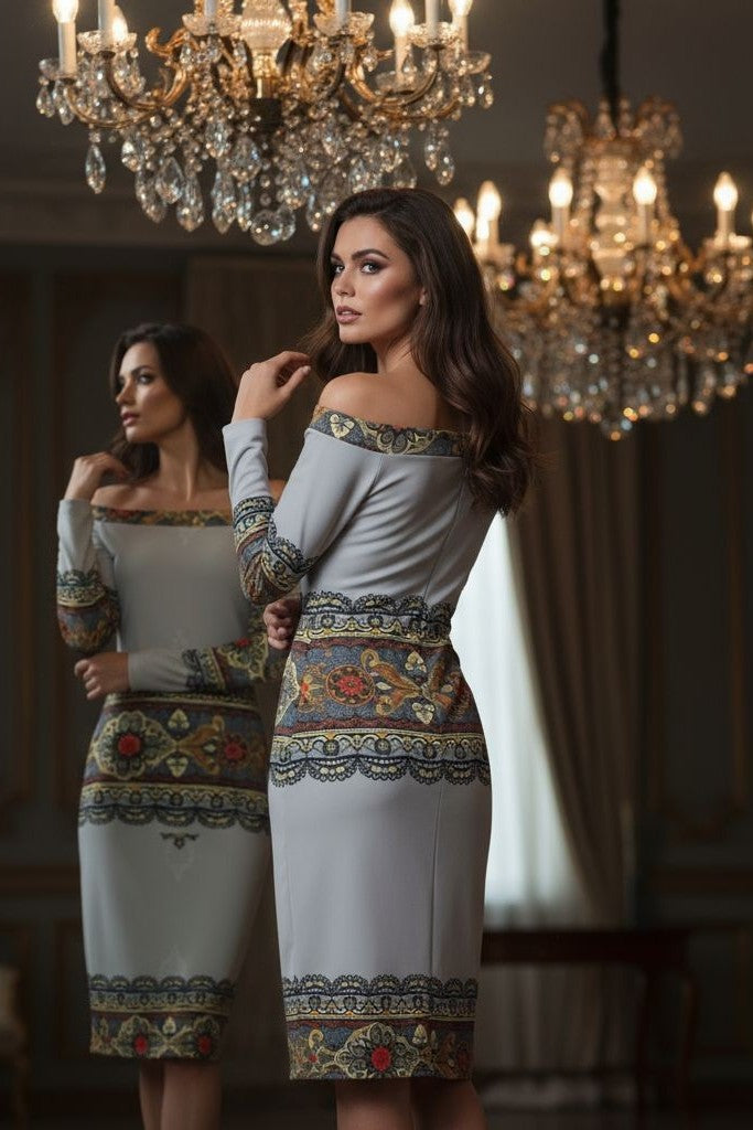 Off-shoulder party dress with ornate baroque prints and elegant pencil silhouette.