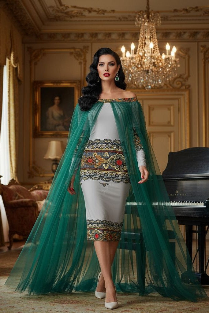 Victorian-inspired elegant midi dress with gold baroque motifs and modern feminine style.