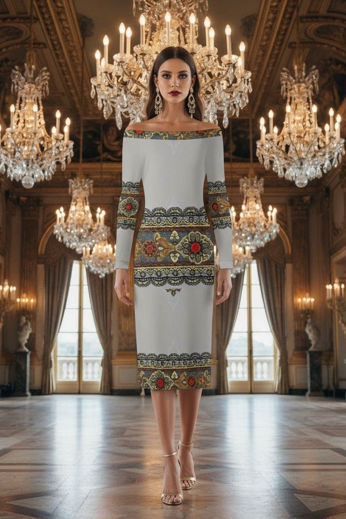 Women’s luxury wrap dress in baroque gray and gold pattern with off-shoulder neckline.