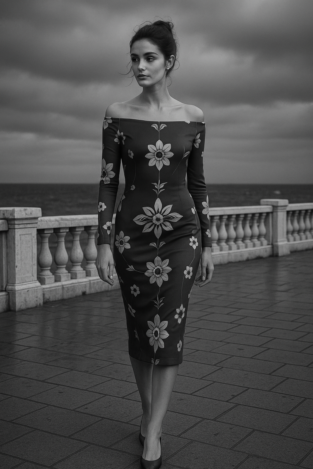 Black and white photo of a woman wearing a 1950s sunflower wrap dress off-shoulder luxury evening dress