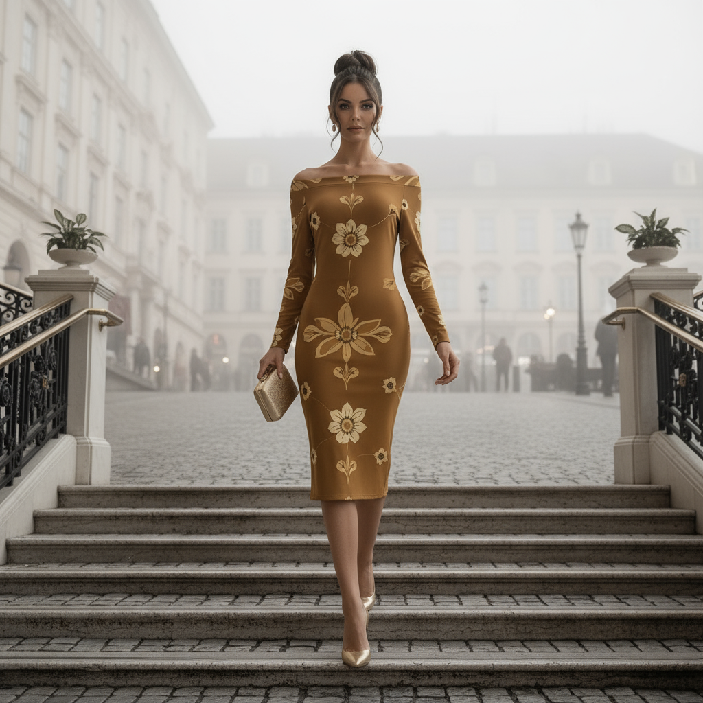 Luxury 1950s sunflower wrap dress in brown with floral pattern worn by model on city stairs