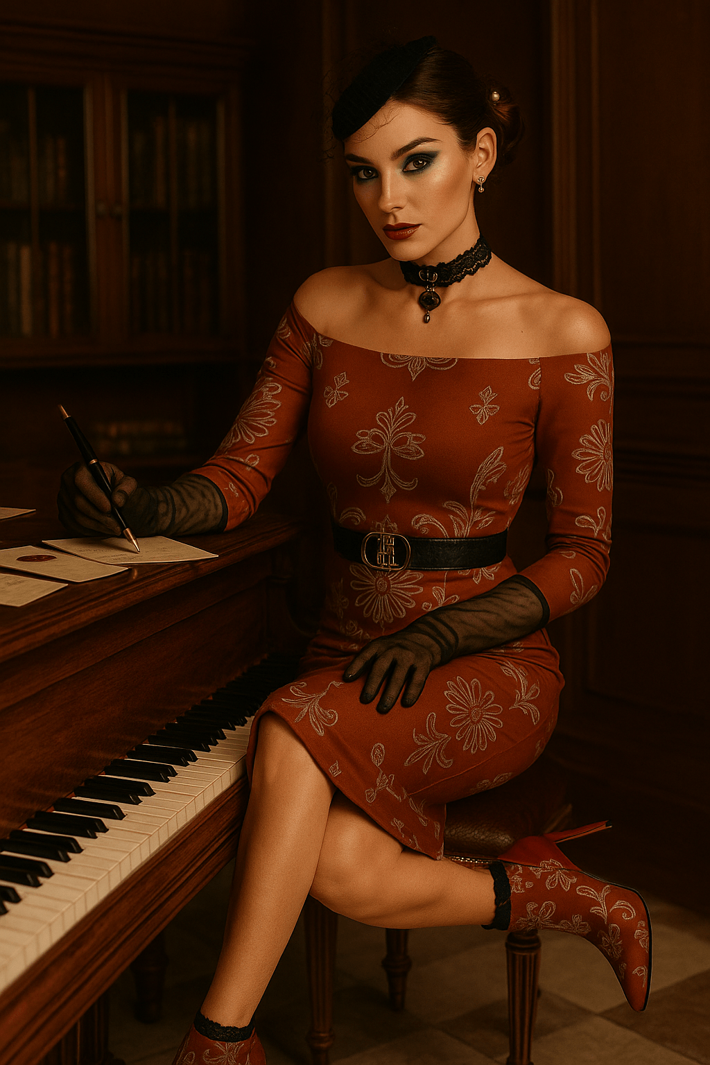 Angelic Blessings off shoulder baroque dress in rust with floral pattern and black accessories