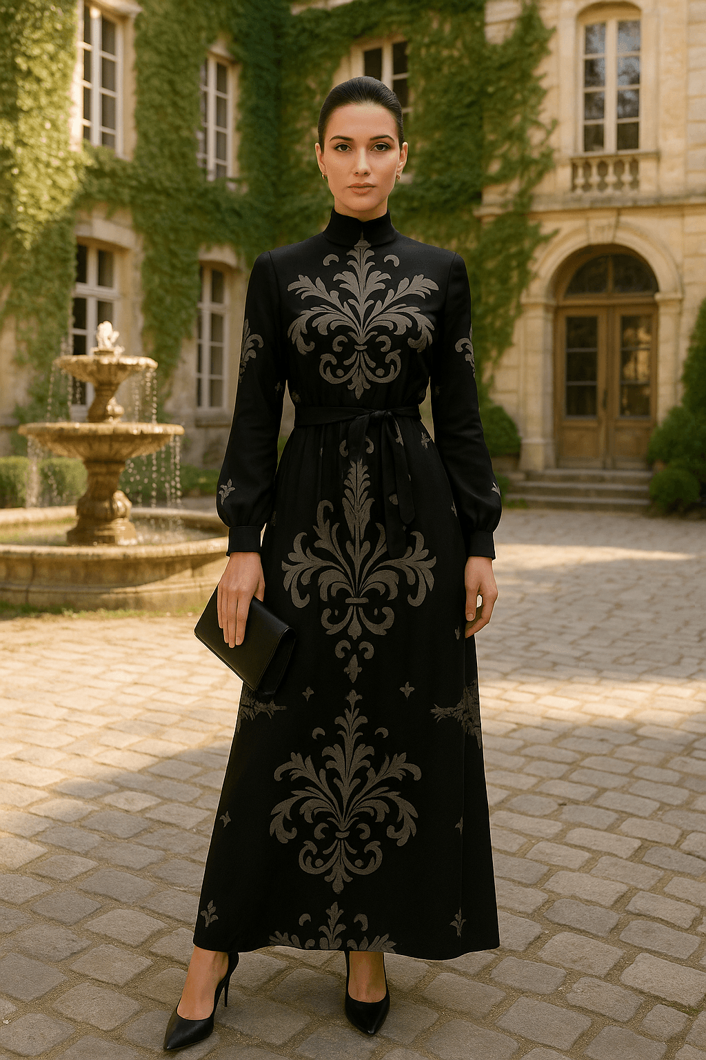 Angelic Blessings Victorian black maxi dress with intricate pattern and long sleeves in outdoor courtyard