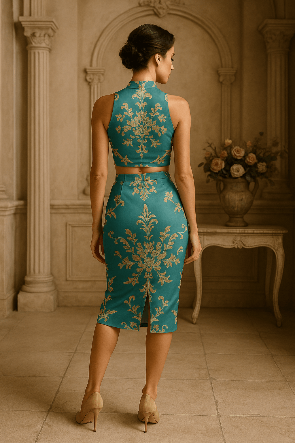 Back view of model wearing Victorian blue baroque co-ord set with intricate gold pattern and high neck design