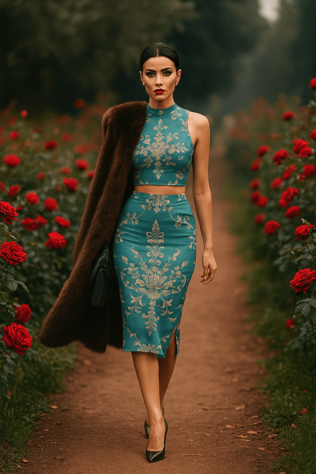 Woman wearing Victorian blue baroque co-ord set with intricate gold patterns walking through rose garden