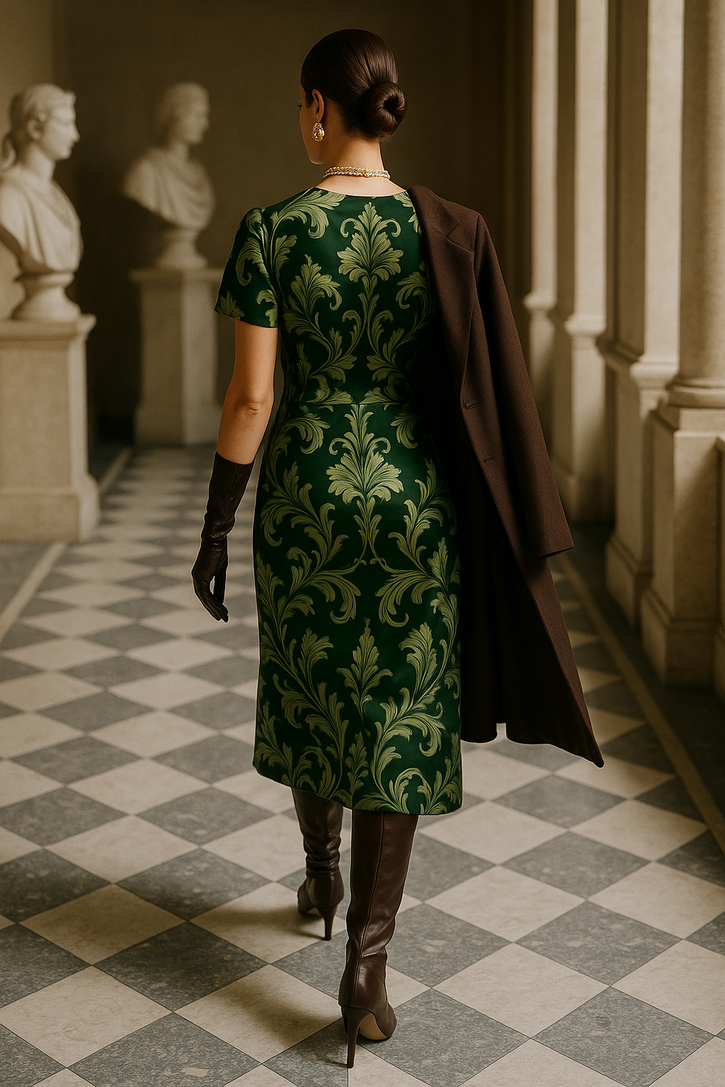 Woman wearing Victorian damask midi dress in green with black gloves and brown boots walking in a classical hall