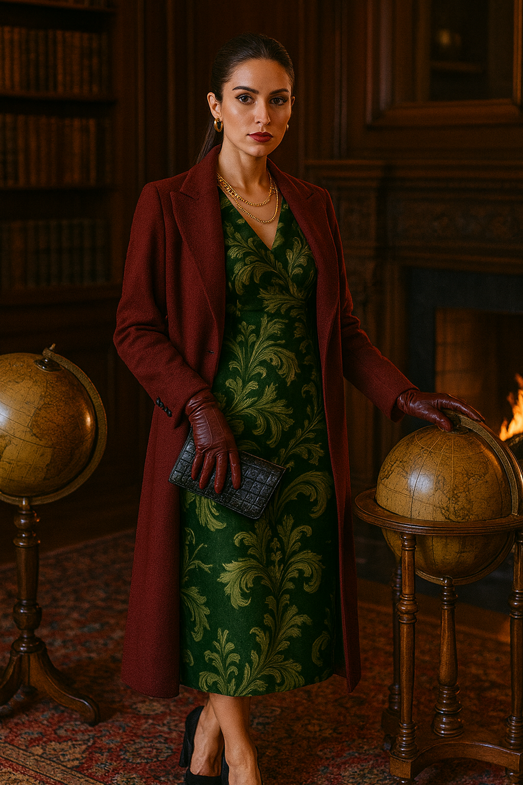 Woman wearing Victorian damask midi dress in green with gold pattern and burgundy coat in classic library setting