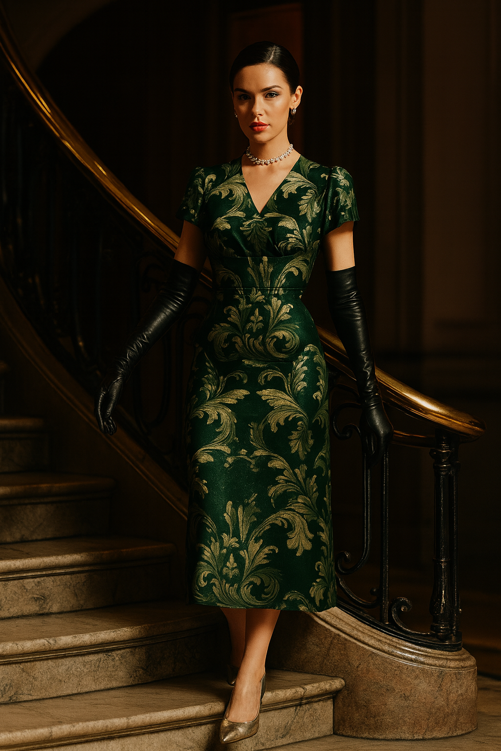 Victorian damask midi dress in green with gold detailing worn by model with black gloves on staircase