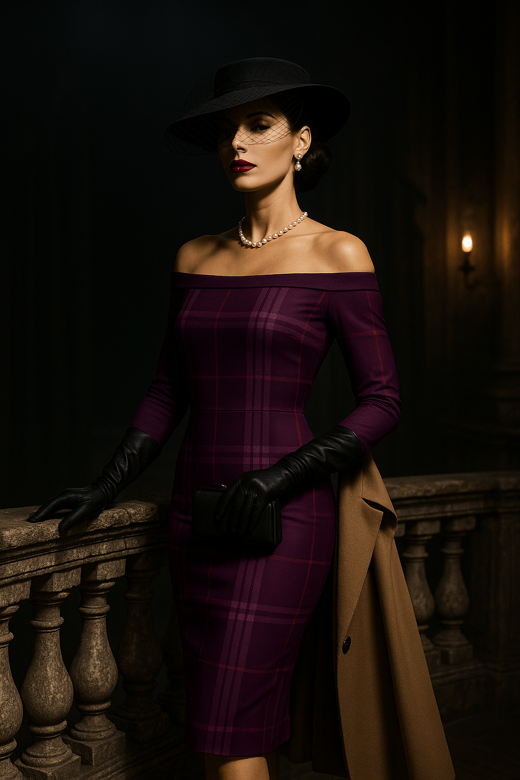 Violet tartan wrap dress with off-shoulder design worn with black hat and gloves from Angelic Blessings Shop