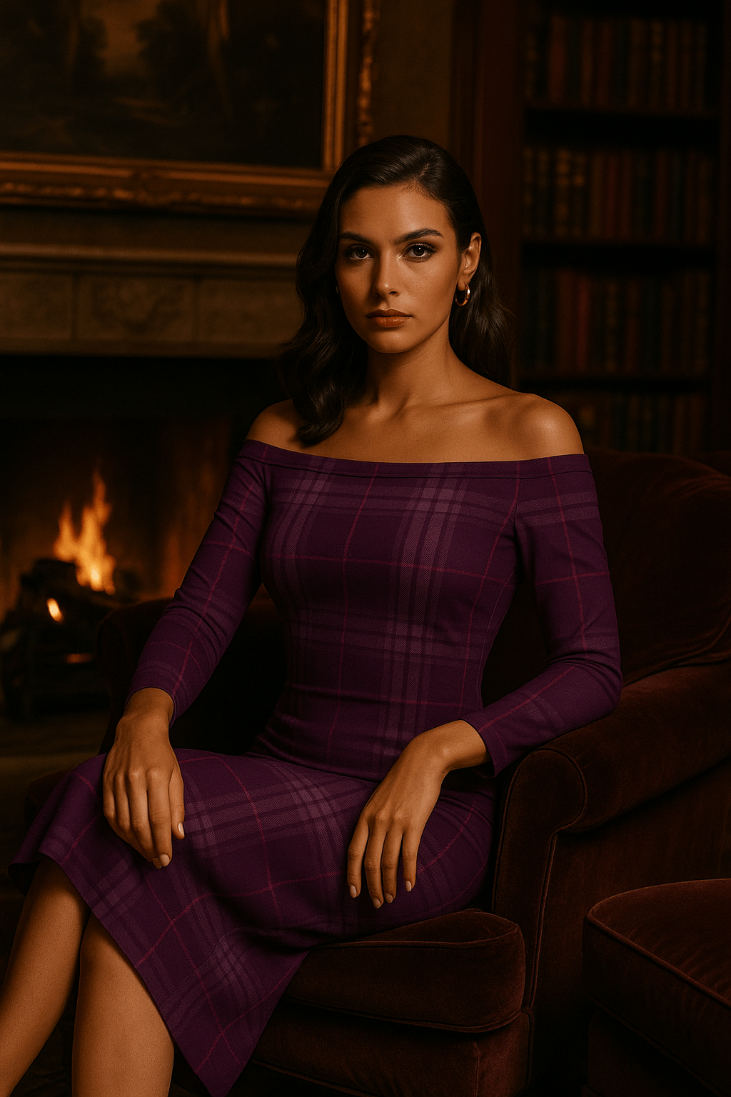 Woman wearing a violet tartan wrap dress sitting on a chair by a fireplace in an elegant room