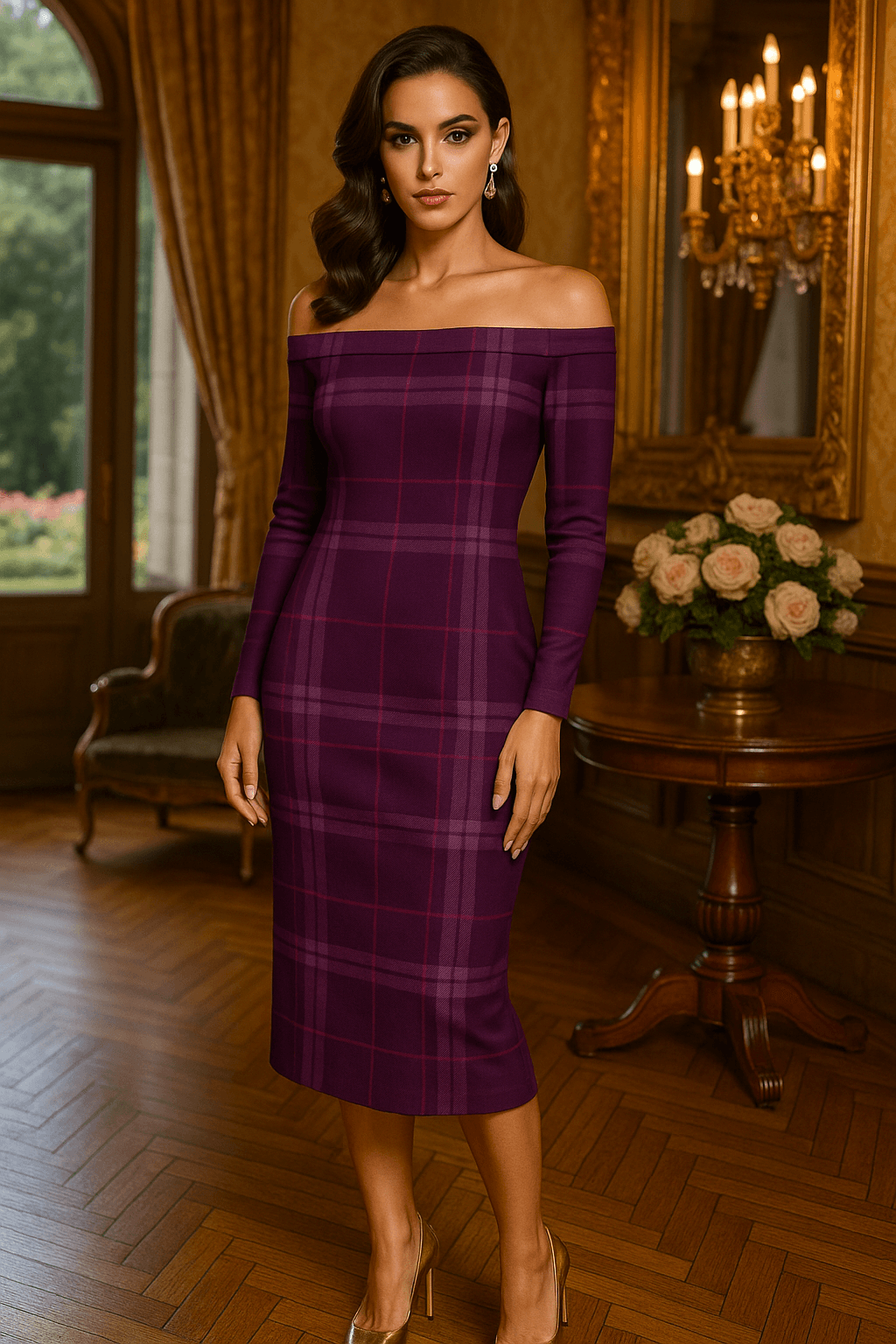 Elegant violet tartan wrap dress with off-shoulder neckline and long sleeves worn by model indoors