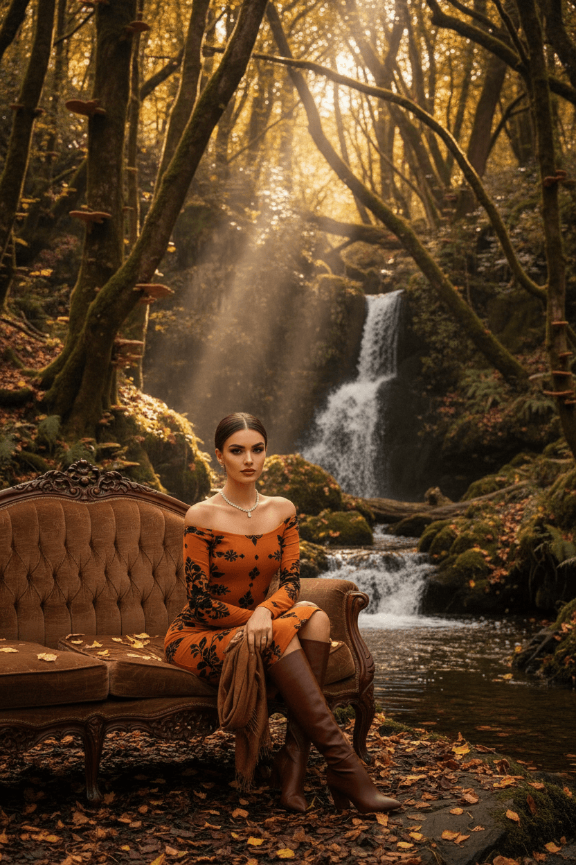 Baroque floral bodycon dress by Angelic Blessings Shop worn by woman sitting on vintage sofa near forest waterfall