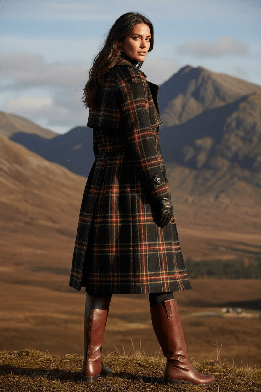 Woman wearing women's tartan trench coat from Angelic Blessings Shop with brown boots in outdoor mountainous landscape