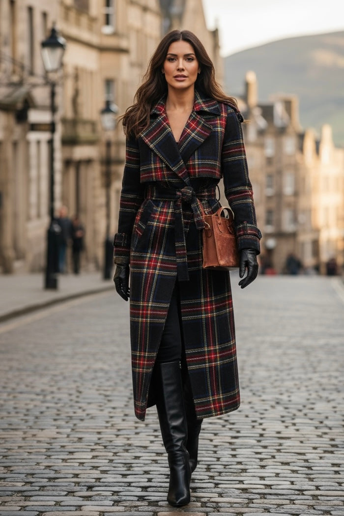 Women's tartan trench coat from Angelic Blessings Shop styled with black boots and a brown handbag
