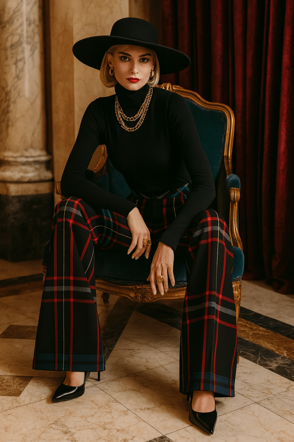 Woman sitting wearing women's wide-leg tartan trousers with black turtleneck and hat