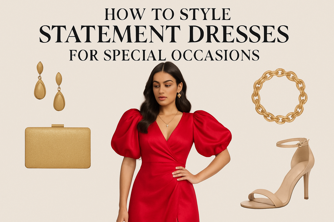 How to style statement dresses for special occasions with red dress bold accessories gold earrings clutch and nude heels